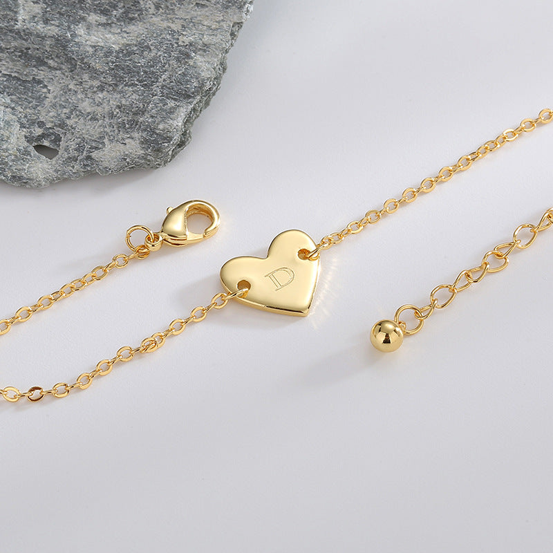 B0182  Korean Version Fashion Simple Heart-shaped Bracelet for Women gold Love Heart26Minimalist Letter Style