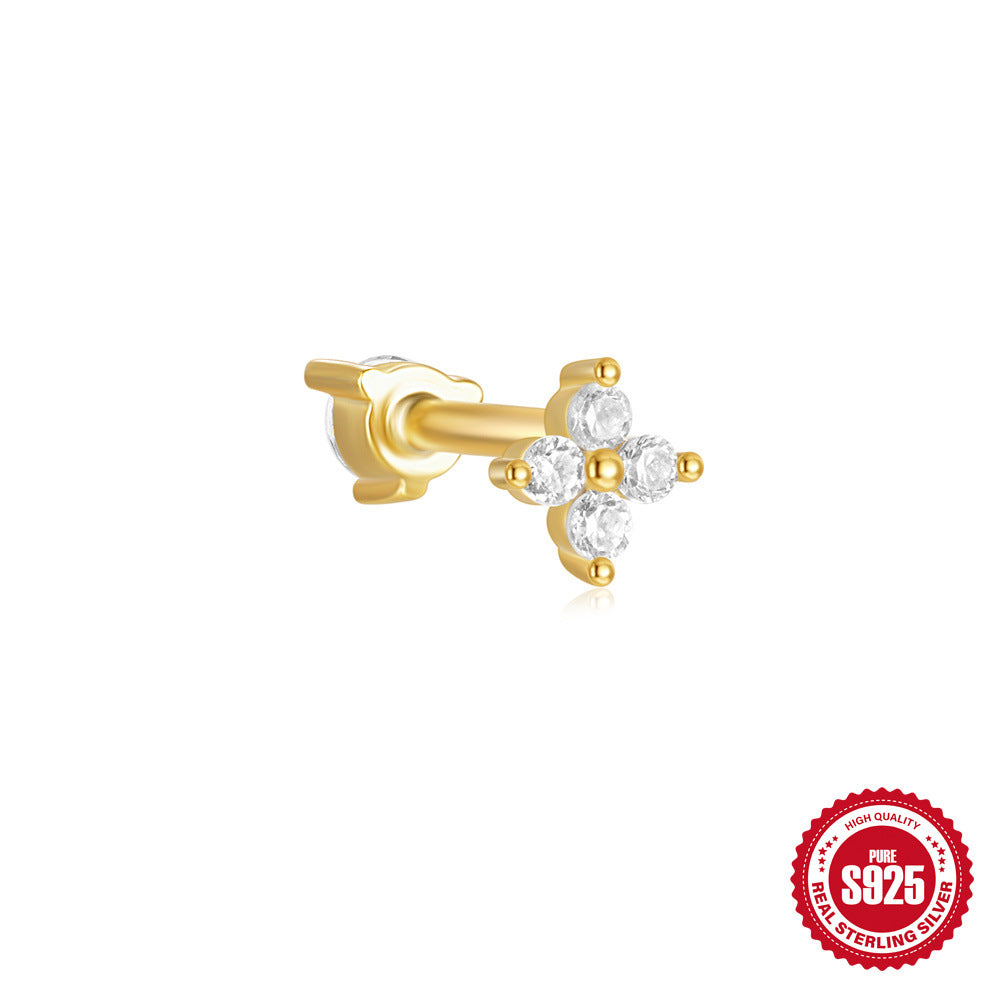 S925Sterling Silver Horse Eye Inlaid Diamond Crown Double-Sided Wearable Soft Bone Threaded Piercing Ear Bone Stud New Earrings for Women