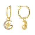 Gold-Plated Brass Star Moon CZ Earrings with gold-tone brass construction