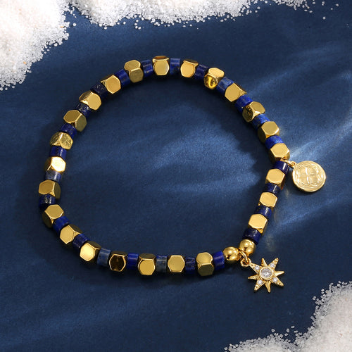 14K Gold-Plated Brass Star Beaded Bracelet with celestial design details