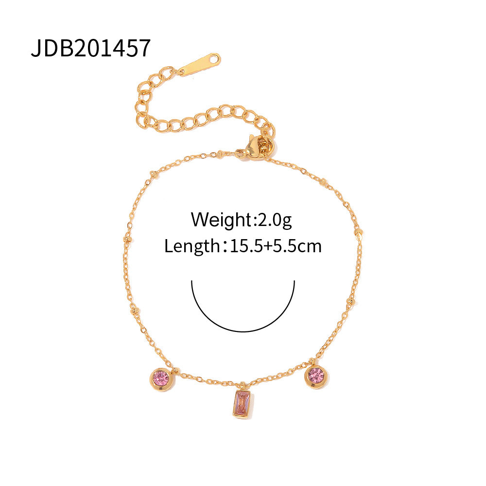 2H 18K Gold Square Pink Purple Round Pendant Bracelet Versatile Non-Fading Bracelet Jewelry