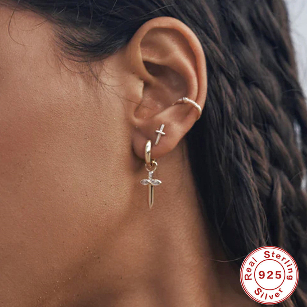 S925Sterling Silver Dagger Cross Earrings Devil's Eye Star Moon Pendant Hoop Earrings Hot-Selling Women's Earrings