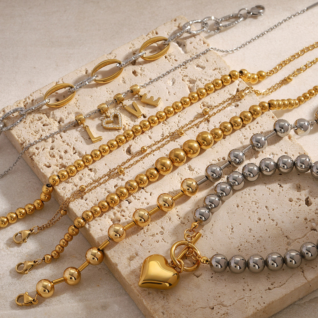 Stainless Steel Beaded Bracelet Color Block Letter Metal Chain Jewelry