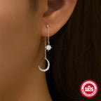 S925Sterling Silver Chain Tassel Star Moon Diamond Earrings Stud Earrings Korean Style Hot Selling Bright Silver Earrings