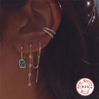 S925Sterling Silver Box Chain Tassel Triple Inlaid Diamond Ear Thread Earrings Korean Style Fashionable Earrings for Women