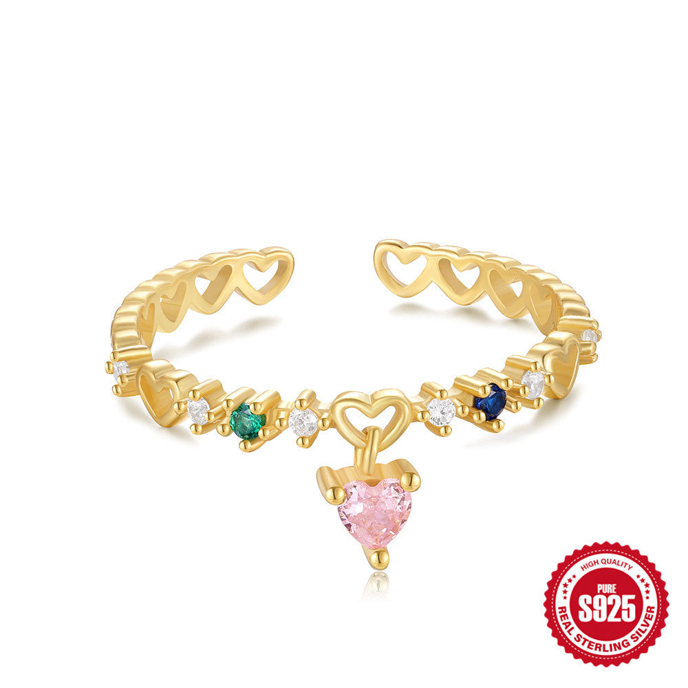 S925Sterling Silver Heart Flower Inlaid Diamond Open Ring Korean Style Opal Index Finger Ring