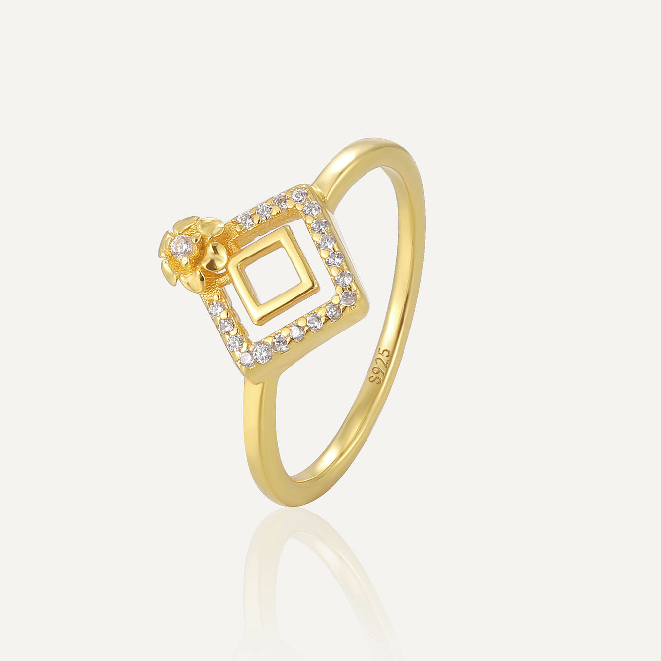 SR0009 S925Silver plating14K Gold Hollow Square Flower Inlaid Zircon Ring for Women Fashion