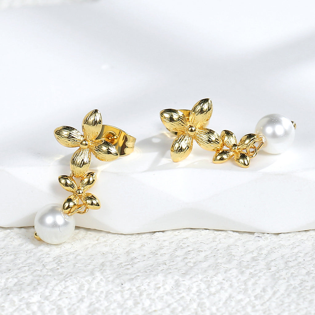 E0347 Pearl Flower Earrings Flower Drop Earrings Petal Super Fairy Stud Earrings Simple and Cool Style for Women