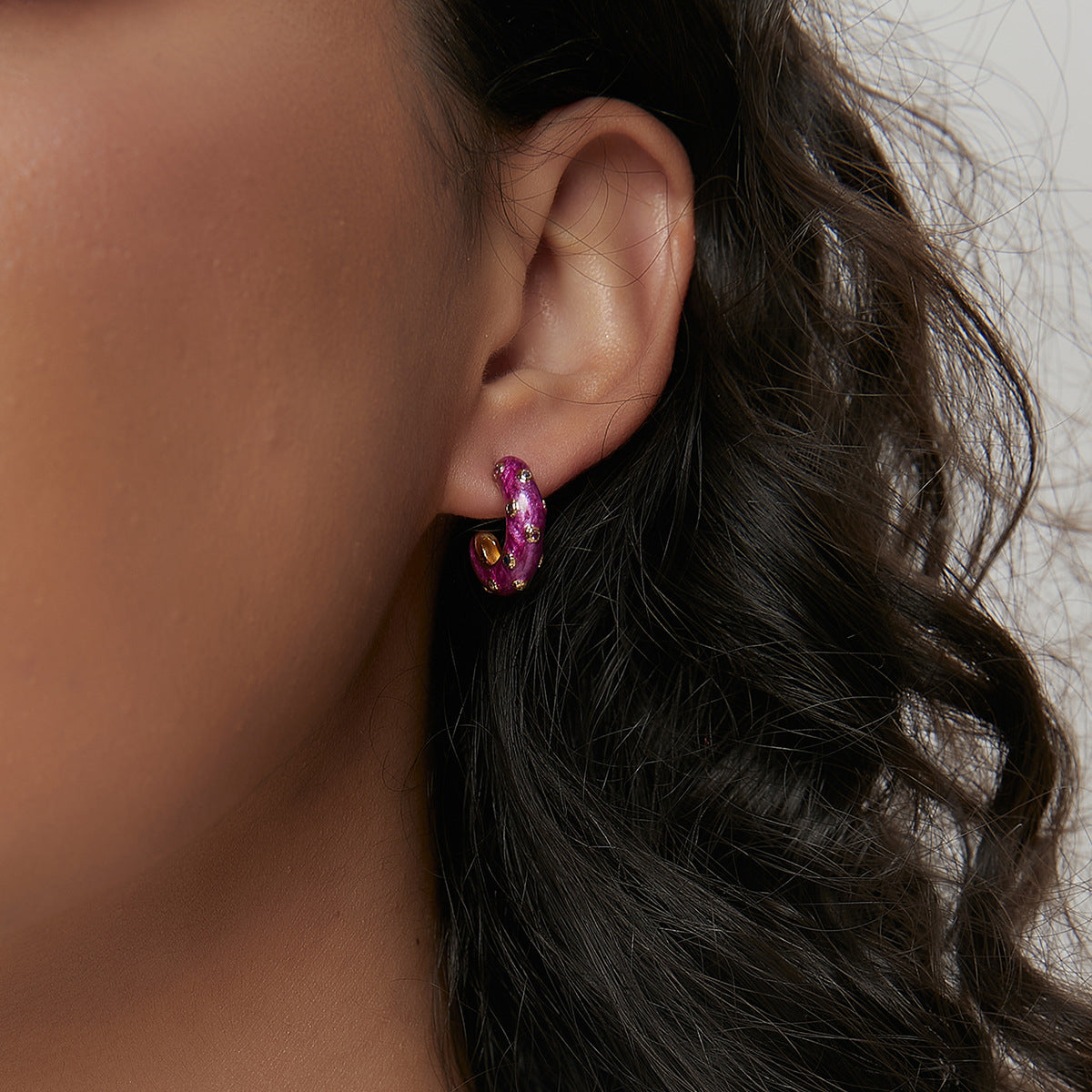 E0546 Trendy Geometry C Shaped Epoxy Inlaid Colorful Zircon Earrings for Women, Vintage Creative Simple Stud Earrings