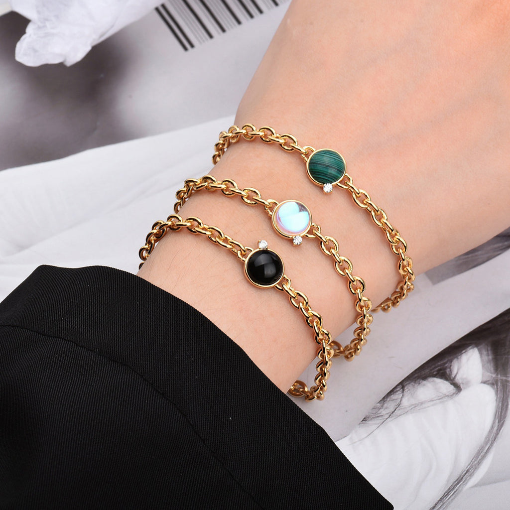 B0036 Exaggerated Natural Stone Round Bracelet for Women Bohemian Thick Chain Short Jewelry