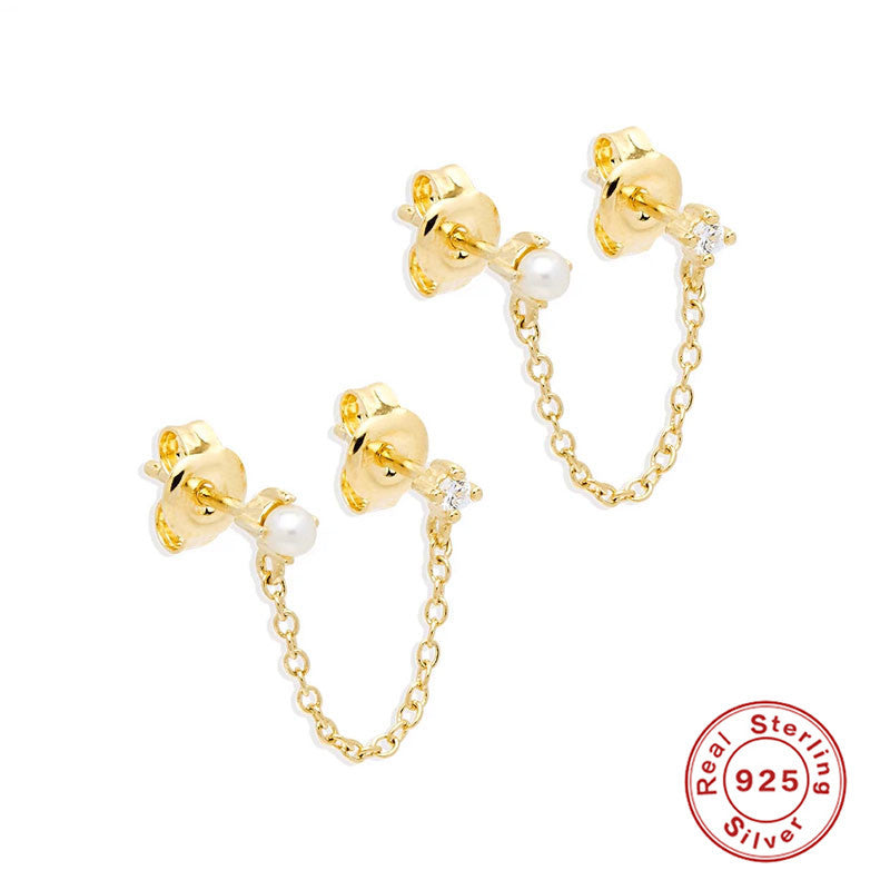 S925Pure Silver Wind Tassel Ear Thread Chain Style Single Diamond Pearl Earrings Stud Hot Selling Wind Ear Jewelry