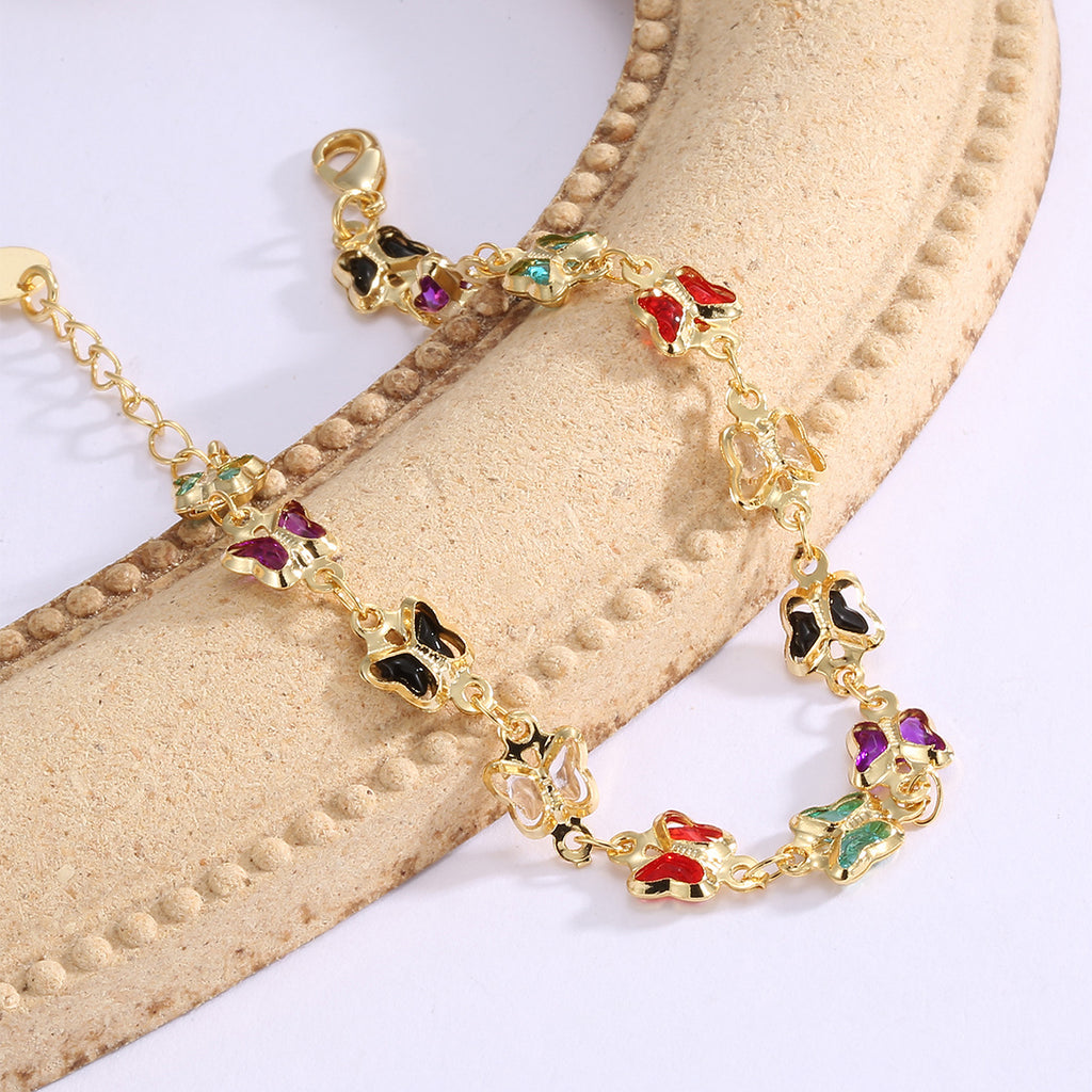 B0227 Japanese and Korean Summer Style Fashion Bracelet for Women, Brass Gold-Plated Butterfly with Acrylic Stone Inlay