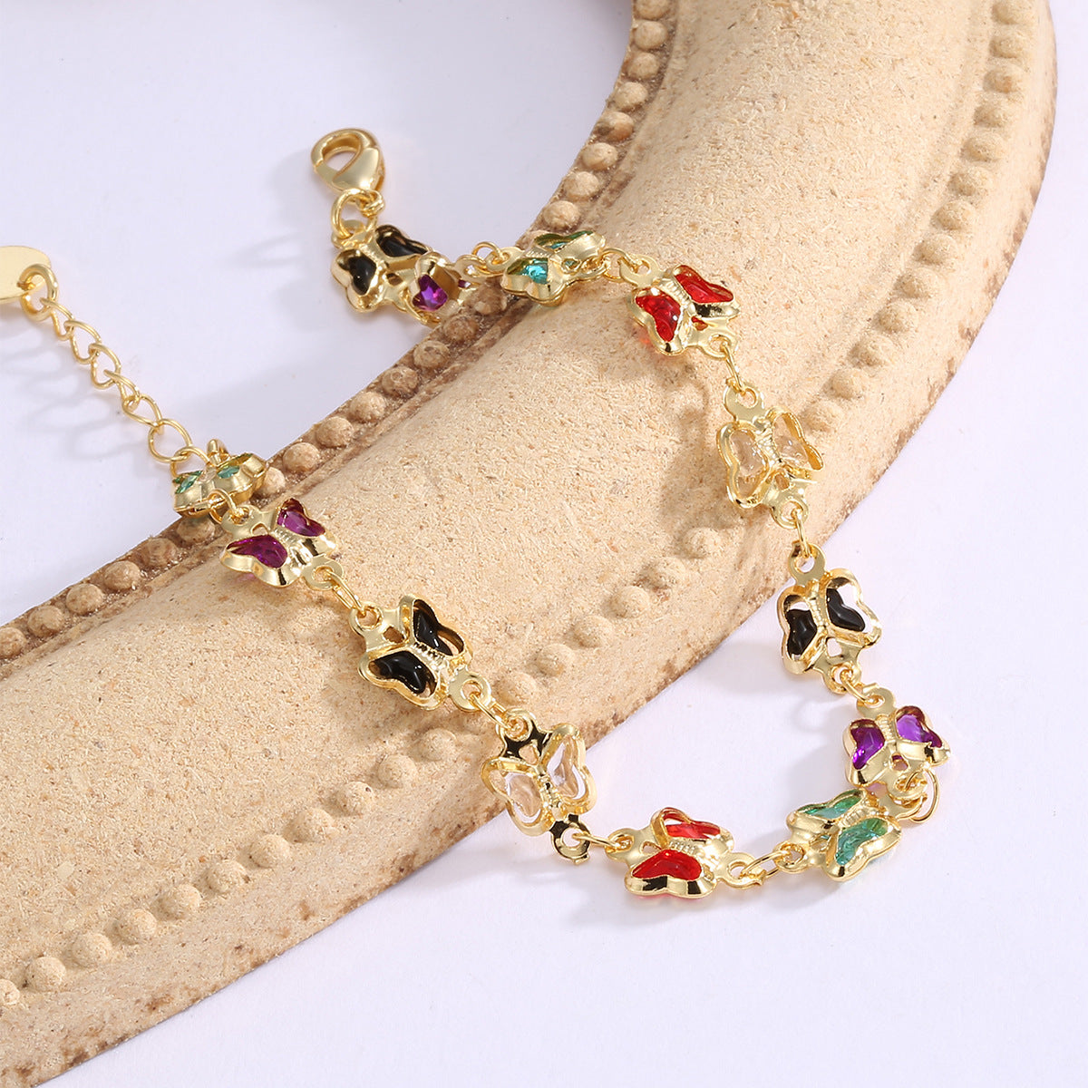 B0227 Japanese and Korean Summer Style Fashion Bracelet for Women, Brass Gold-Plated Butterfly with Acrylic Stone Inlay