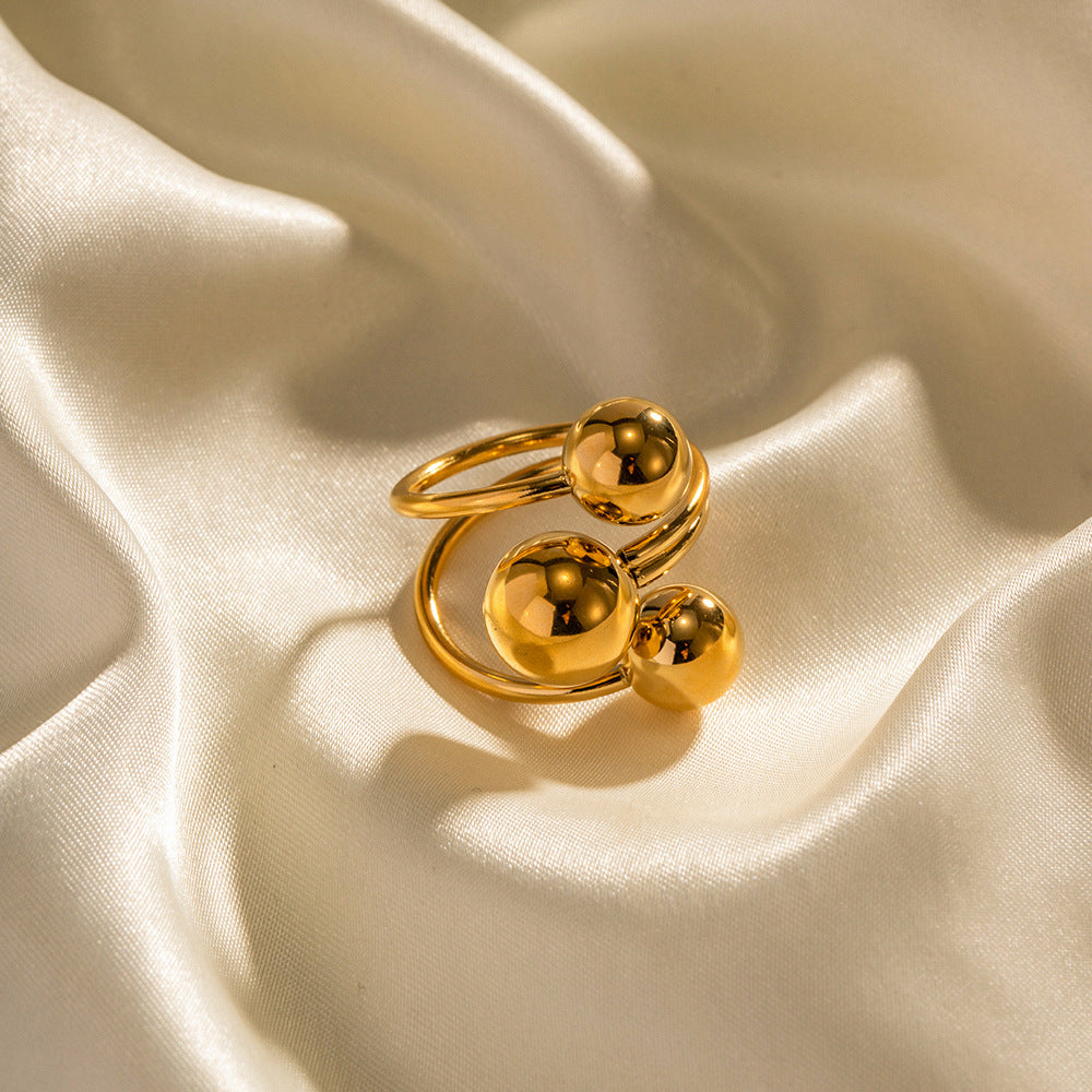 2H No Fading18K Gold Stainless Steel Exaggerated Three Ball Open Ring2025Fashionable and Trendy