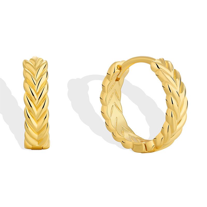 E0529 Simple Wheat Ear Earrings for Women, Brass Gold-Plated Fashionable Smooth Geometric Round Hoop Earrings