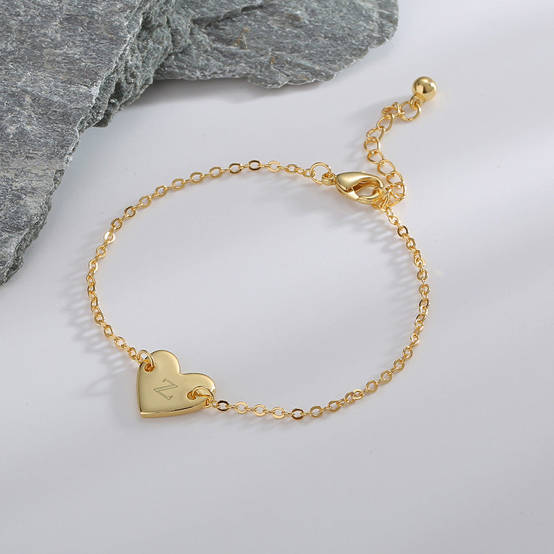 B0182  Korean Version Fashion Simple Heart-shaped Bracelet for Women gold Love Heart26Minimalist Letter Style