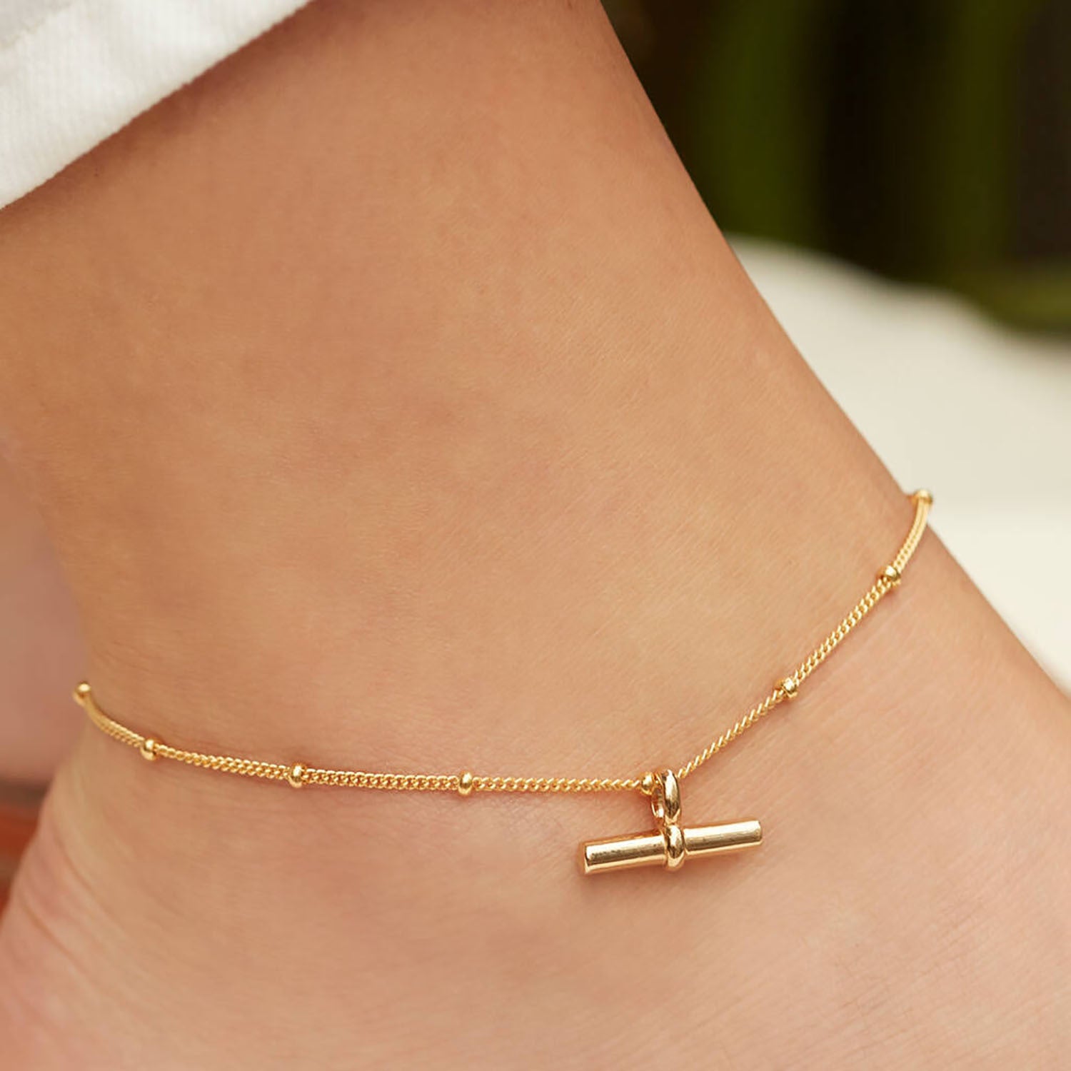 2H New Anklet18K gold Personality Tbar Rod Pendant Round Bead Chain Anklet Fashion Versatile Anklet