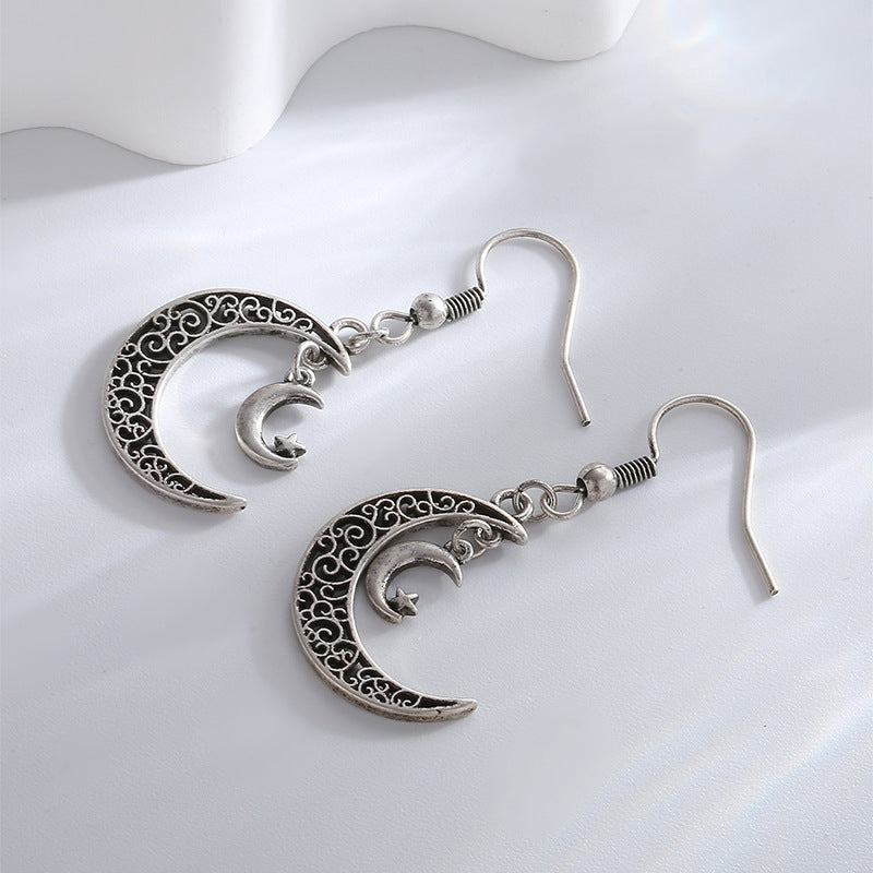 E0709 Fashion Star Moon Crescent Hook Earrings for Women Retro Vintage silver Hollow Earrings
