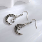 E0709 Fashion Star Moon Crescent Hook Earrings for Women Retro Vintage silver Hollow Earrings