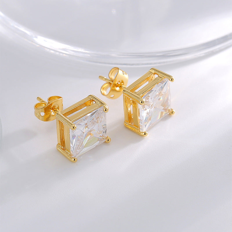 E0777 Simple Four-Prong Square Zircon Earrings for Women Copper Plated18K Gold Fashion Earrings