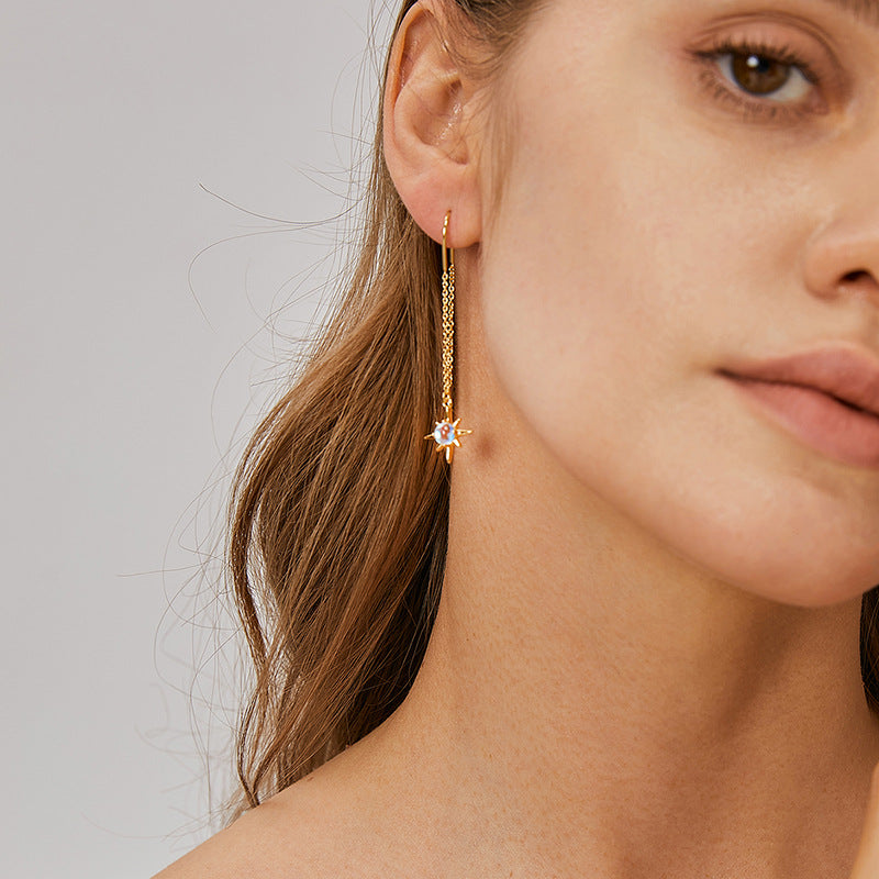 E0393 Sun-shaped Colorful Glass Chain Earrings for Women U Shaped Ear Wire Ear Hook Jewelry