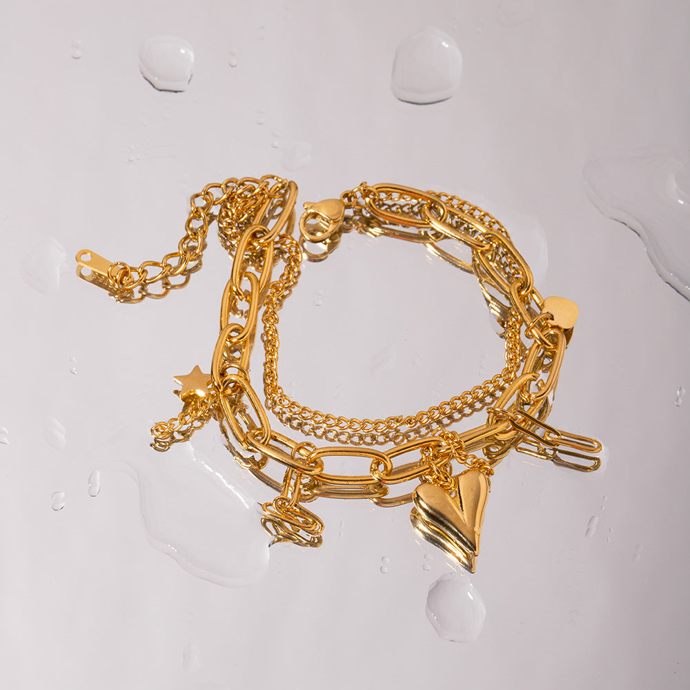 2H New Fashion Versatile Plated 18K Electroplated Stainless Steel Gold Three-Dimensional Heart Star Pendant Double-Layer Bracelet