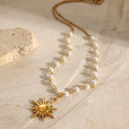 Stainless Steel Pearl Necklace Collarbone Chain Jewelry Sunflower Pendant Choker