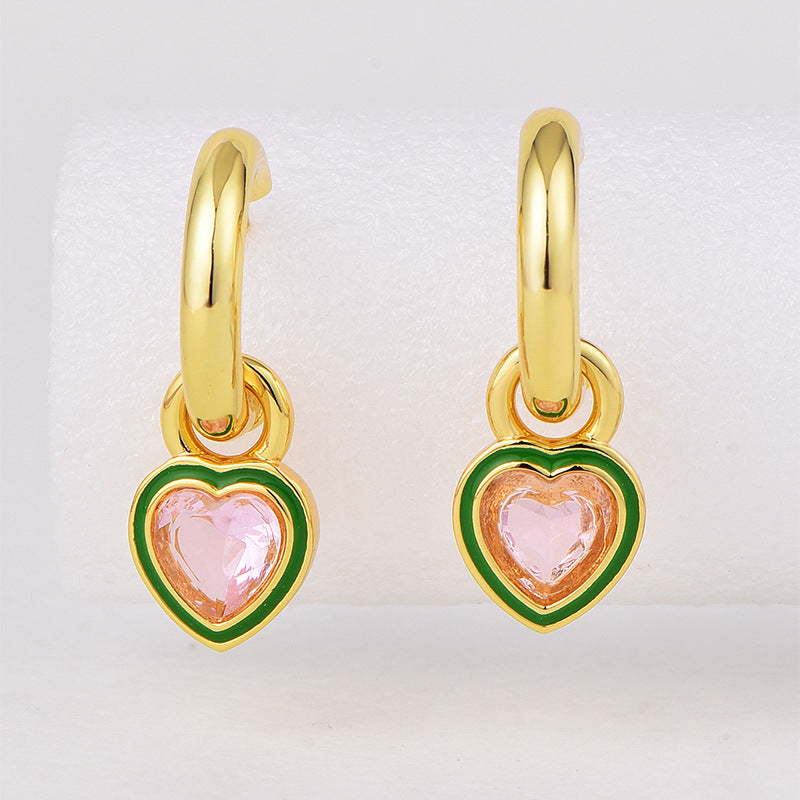 E0631 Fashionable Simple Epoxy Inlaid Heart-Shaped Pink Zircon Earrings for Women