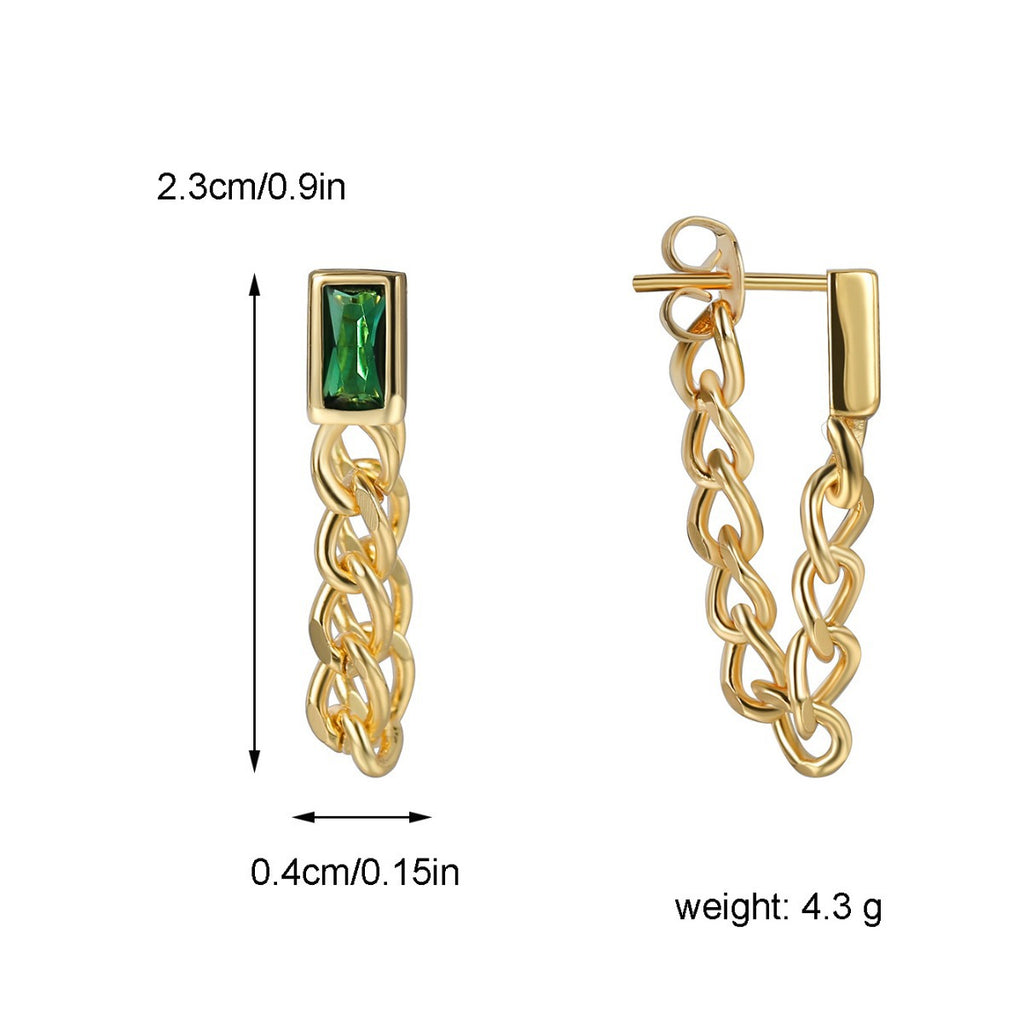 E0386 New Simple Tassel Chain Earrings for Women, Brass Gold-Plated with Green Zircon Studs