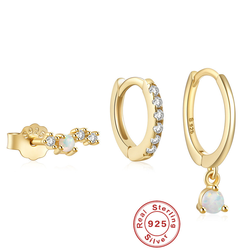 925Sterling Silver Inlaid Diamond Opal Earrings Stud Earrings Jewelry Set Hot-Selling High-End Earrings for Women