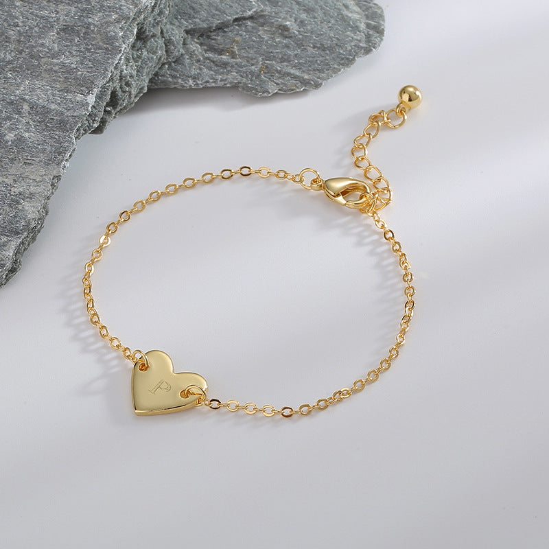 B0182  Korean Version Fashion Simple Heart-shaped Bracelet for Women gold Love Heart26Minimalist Letter Style