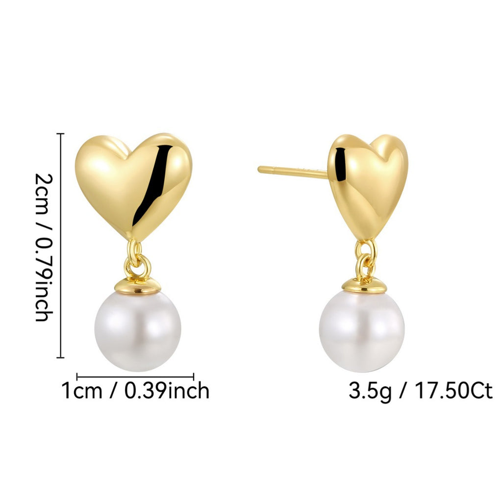 E0139 S925Silver Needle Copper Gold-Plated Smooth Heart Earrings for Women, Chanel Style Pearl Drop Earrings