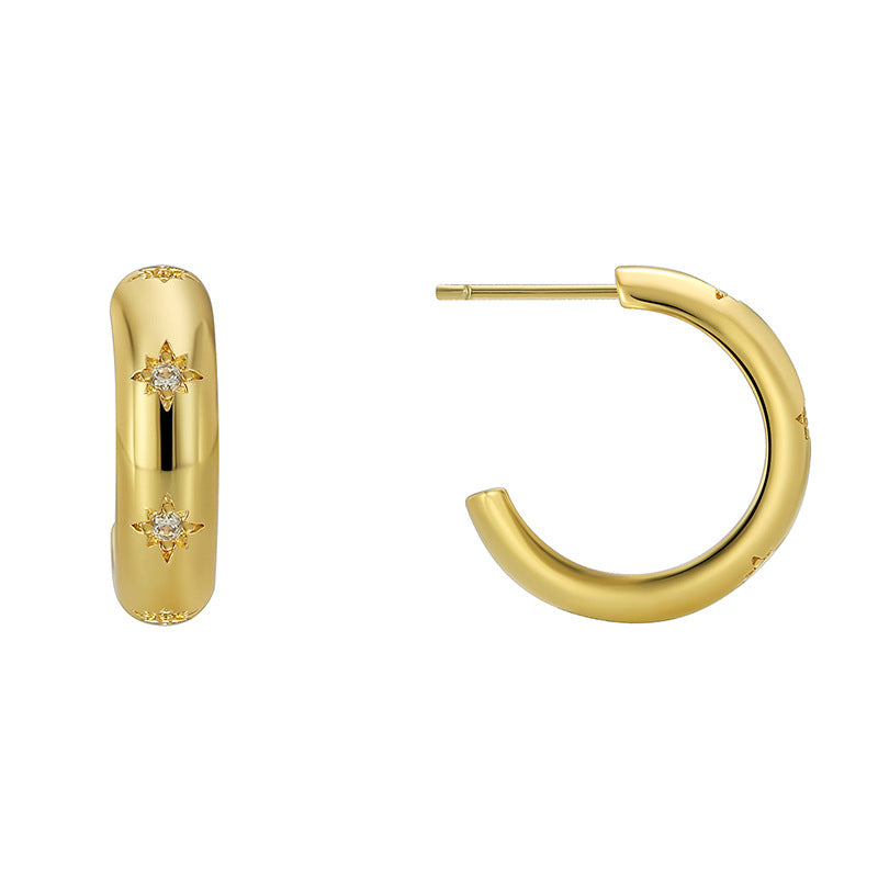 E0595 Fashion Simple Smooth Earrings for Women Copper Gold Plated Micro Inlaid Zircon Vintage Stud Earrings