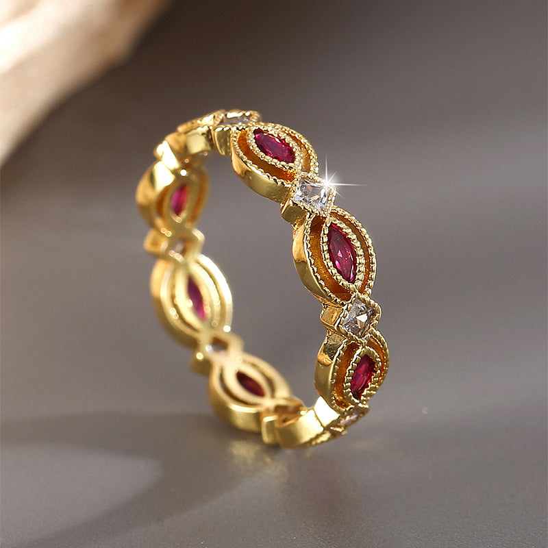 R0427 Fashion Heart Red Purple Two-tone Zircon Ring for Women Copper Gold-plated Ring
