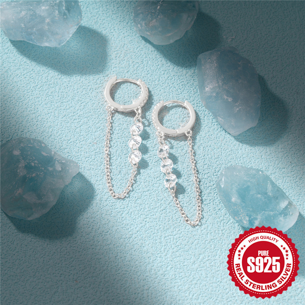 Hot Sale925Sterling Silver Diamond-Studded Hoop Earrings Chain Diamond-Studded Tassel Ear Thread Earrings Drop Earrings Ear Jewelry