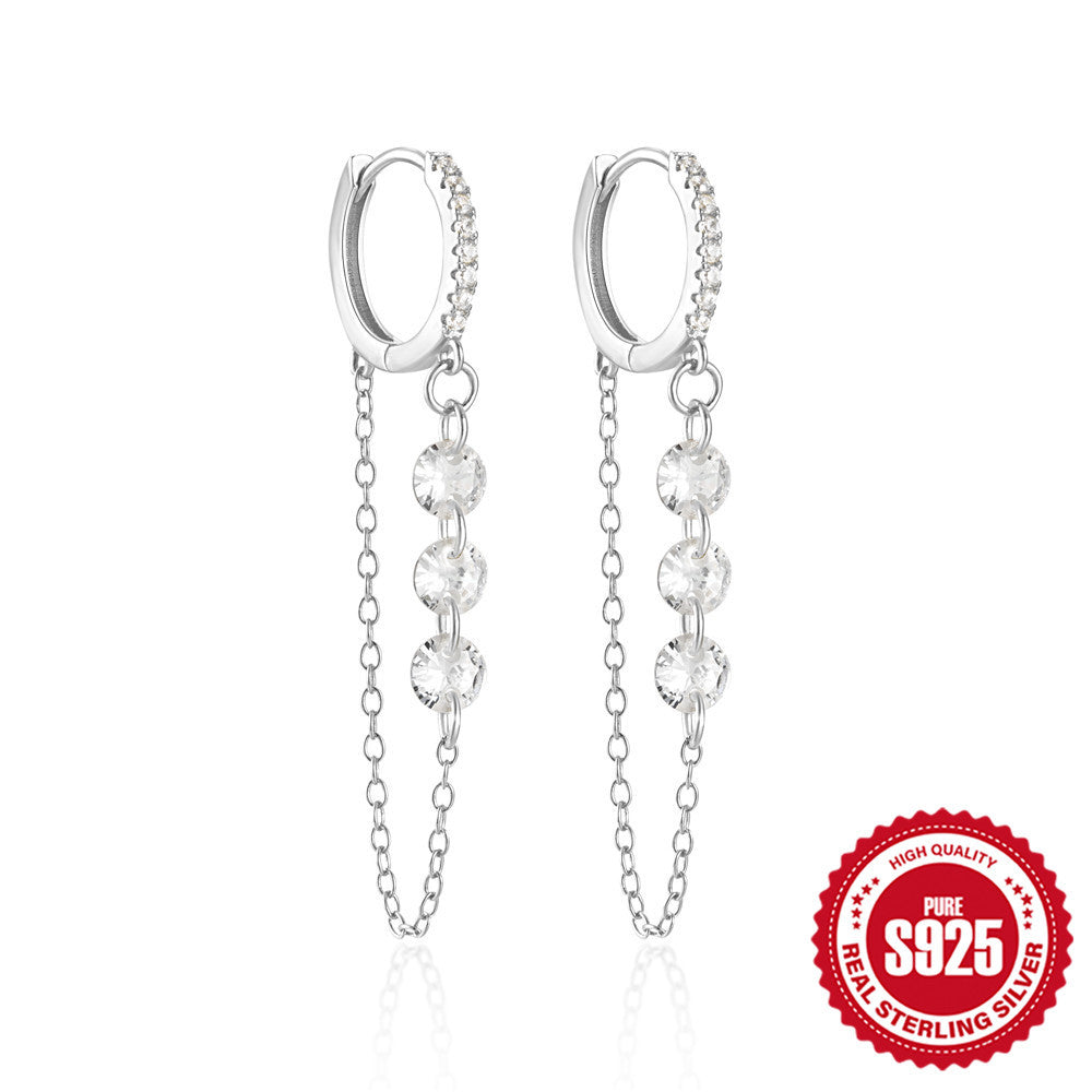 Hot Sale925Sterling Silver Diamond-Studded Hoop Earrings Chain Diamond-Studded Tassel Ear Thread Earrings Drop Earrings Ear Jewelry