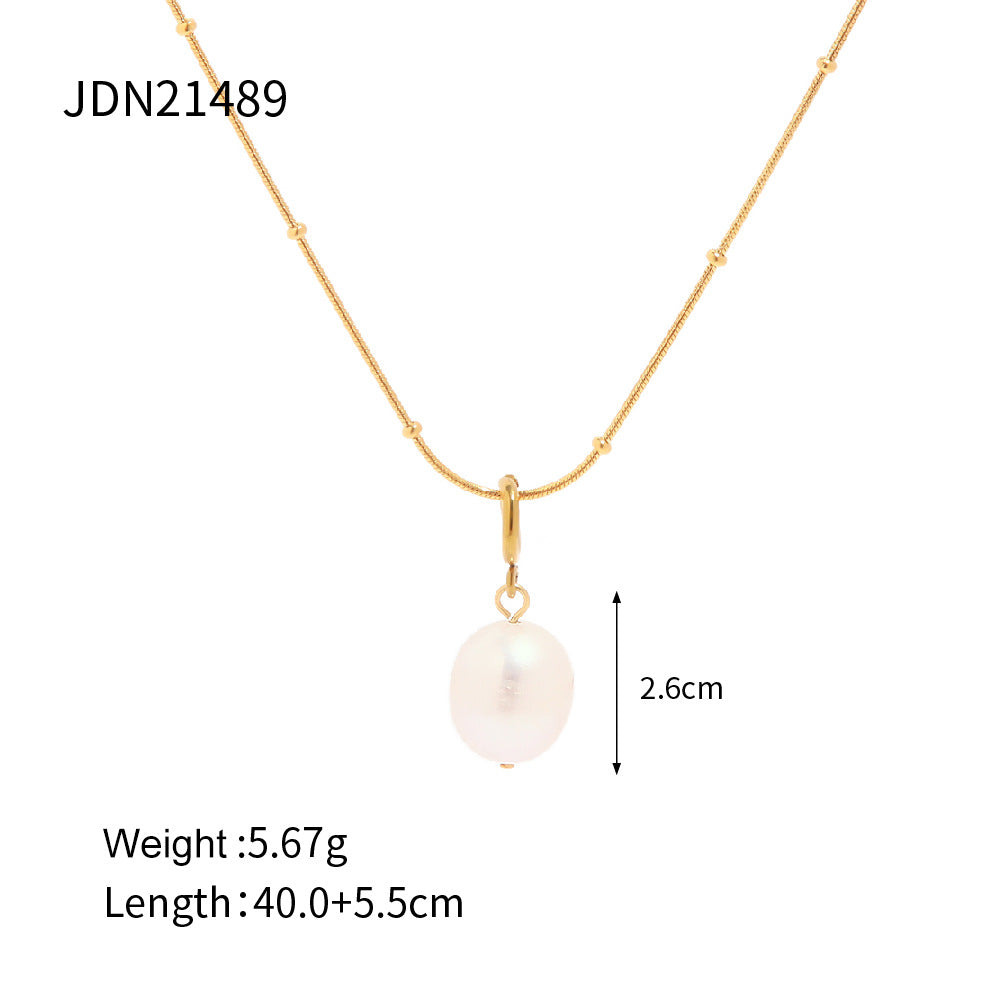 Fresh Stainless Steel Necklace Non-Fading Simple Chain Natural Pearl Pendant Necklace Trendy Jewelry