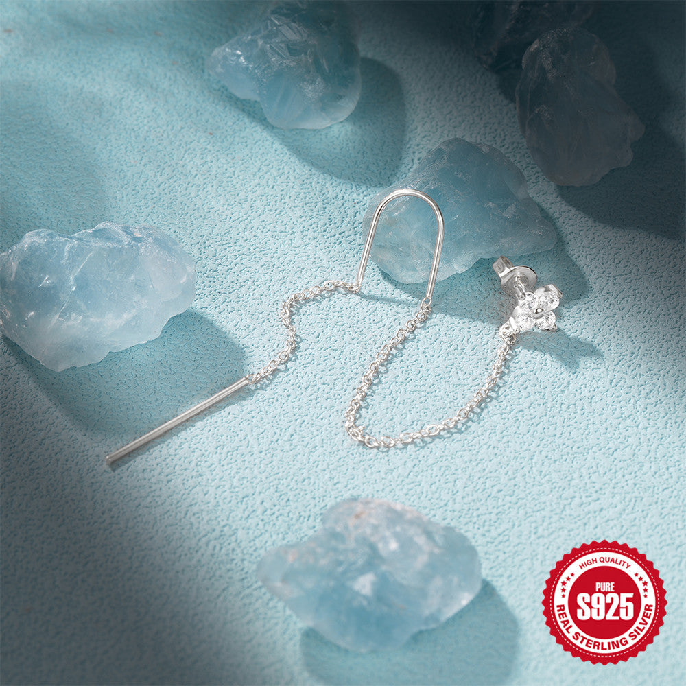 S925Sterling Silver Chain Tassel Flower Inlaid Diamond Earrings Ear Thread Ear Studs Korean and Japanese Style Earrings for Women