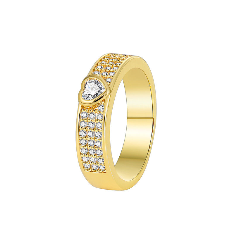 R0354 Fashion Ring for Women Brass Gold-Plated Simple Heart-Shaped Zircon Ring