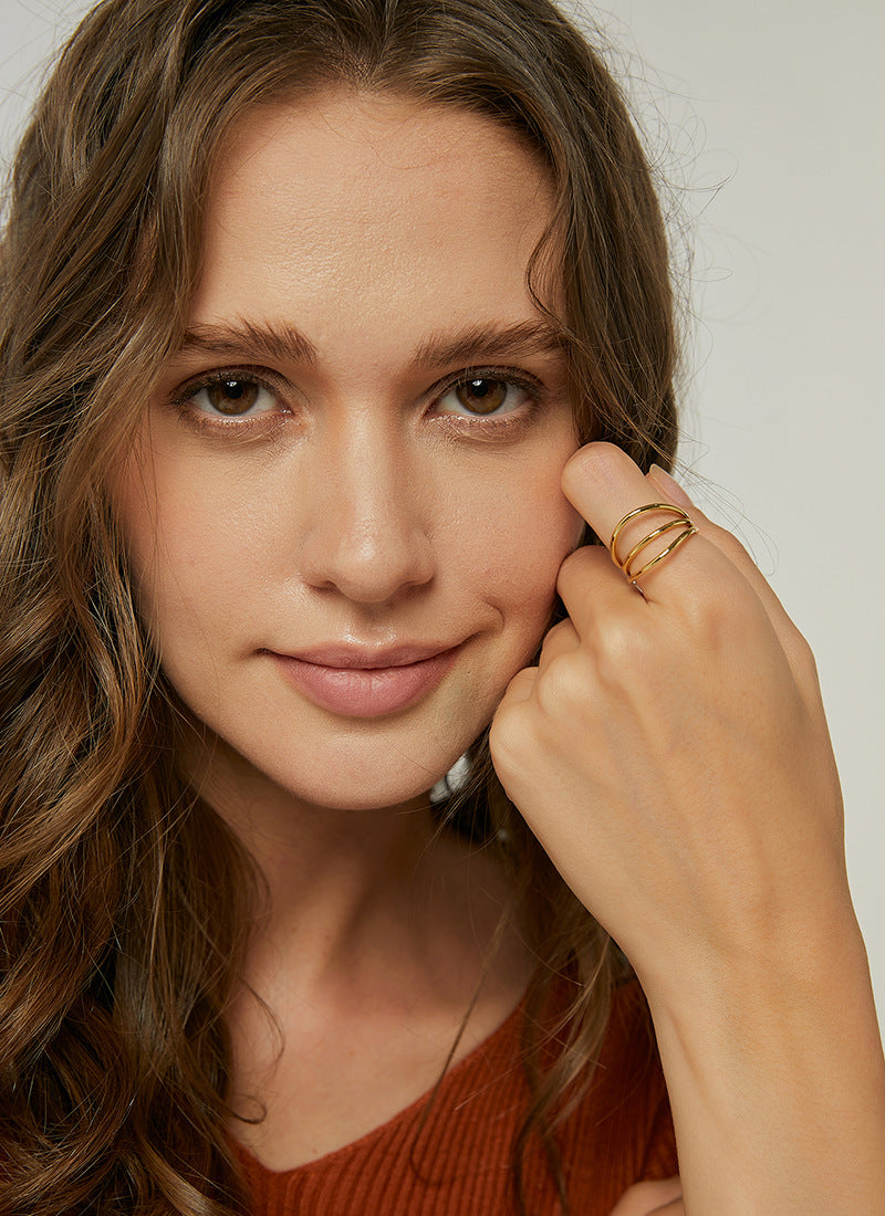 R0113 Minimalist Cold Three-Layer Brass Gold-Plated Ring for Women Retro Fashion