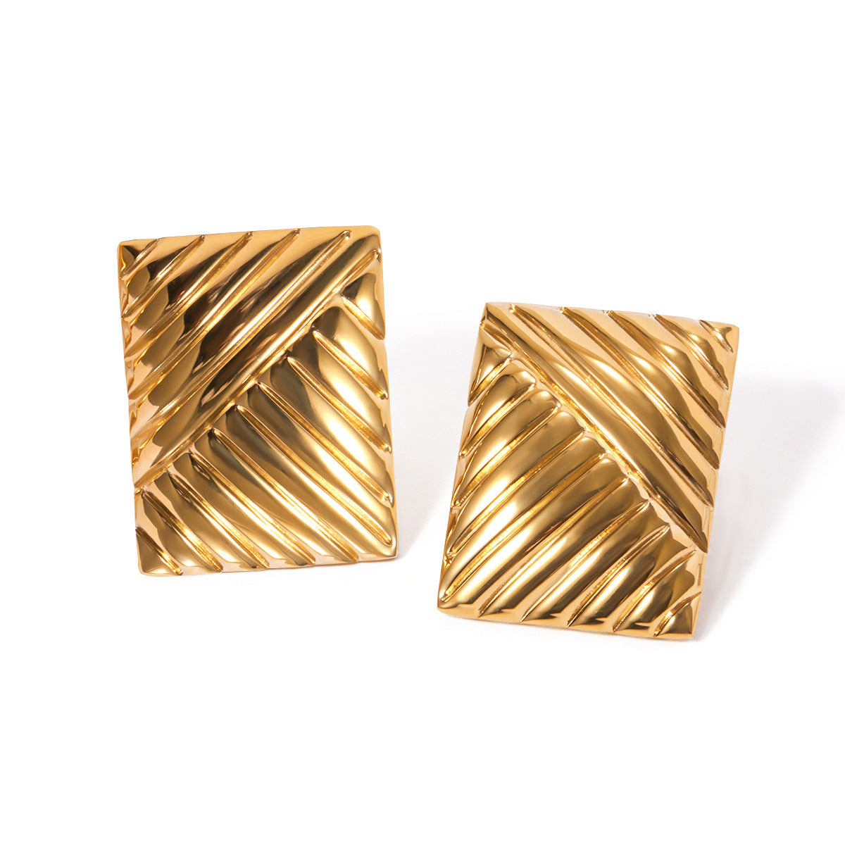 18K Gold Stainless Steel Striped Symmetrical Earrings Simple Design Fashion Stud Earrings