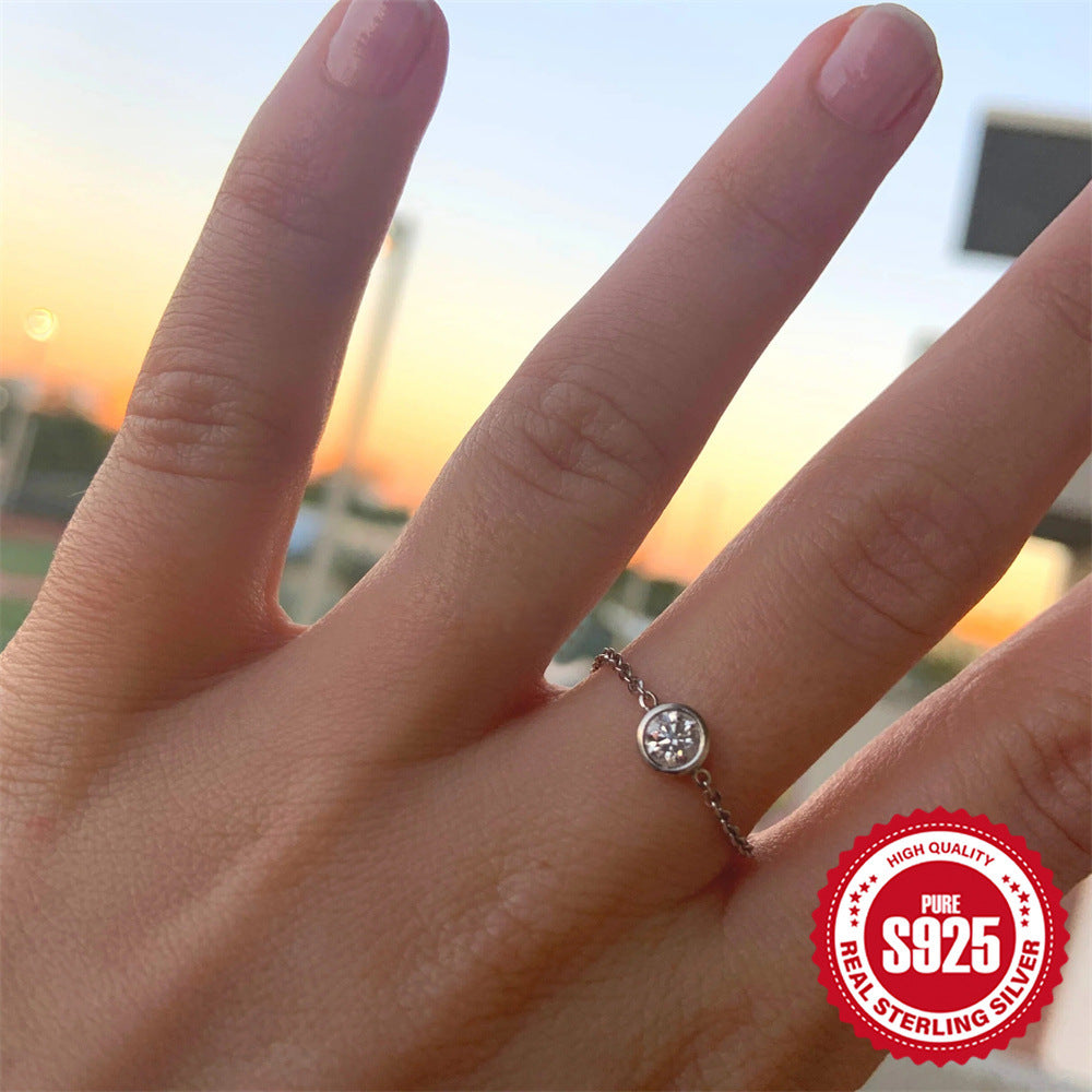 925Sterling Silver Inlaid Zircon Ring for Women Trendy Open Adjustable Chain Ring Silver Jewelry