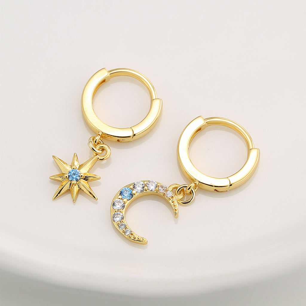 E0753 Dongdaemun Retro Fashion Design Earrings for Women New Star and Moon Inlaid Zircon Trendy Drop Earrings