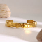 2H18K Gold Stainless Steel Wide Open Bracelet Wave Hammered Texture Bracelet