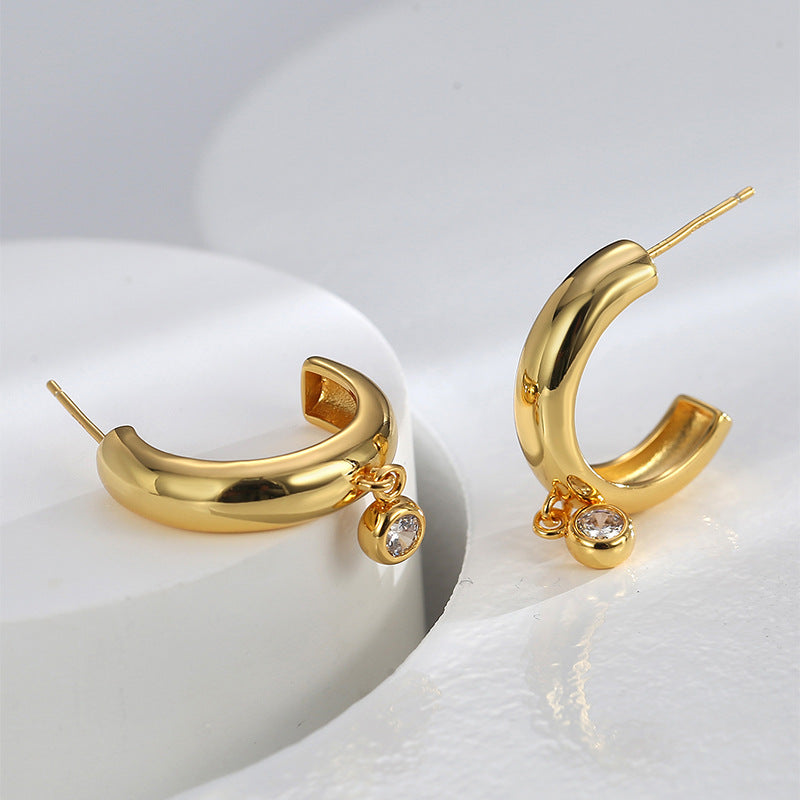 E0600 Fashionable and Simple Glossy Stud Earrings for Women C Simple Hoop Earrings with Zirconia Inlay