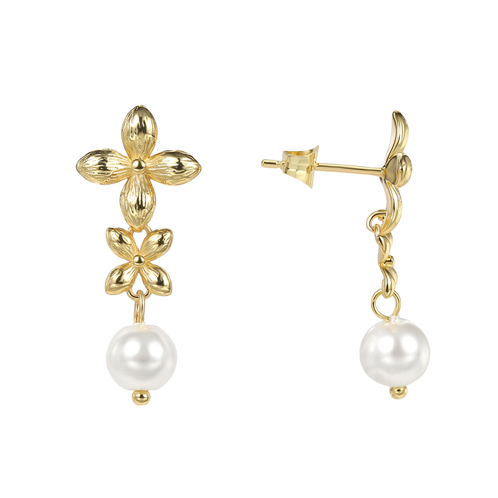 E0347 Pearl Flower Earrings Flower Drop Earrings Petal Super Fairy Stud Earrings Simple and Cool Style for Women