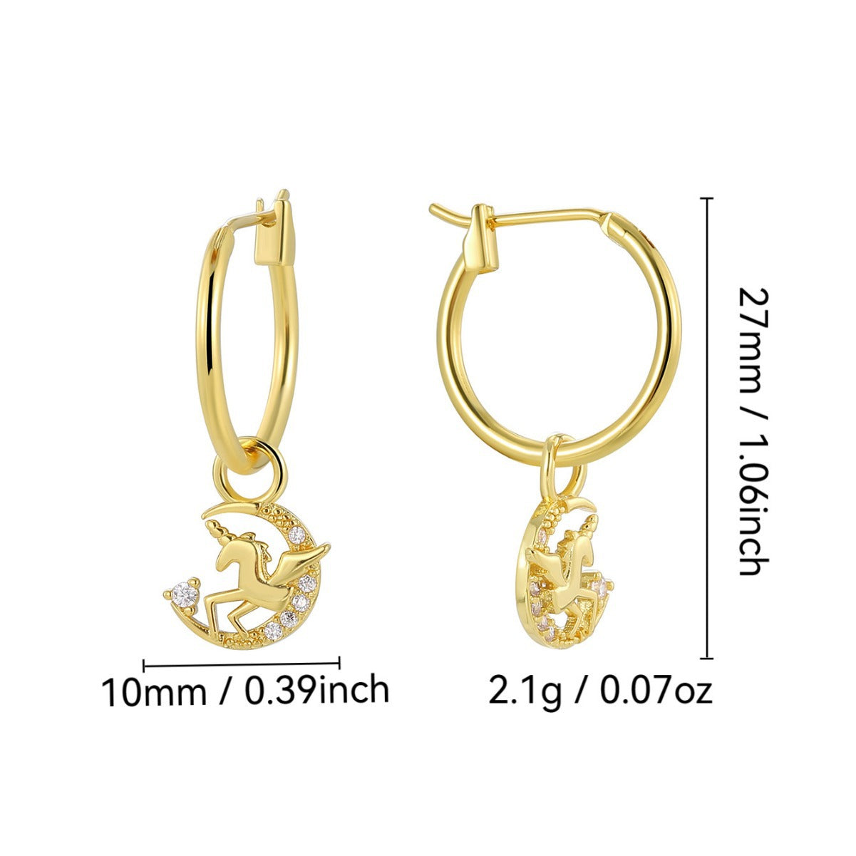 E0808 Korean Style Fashion Creative Design Earrings for Women with Pegasus, Unicorn, and Moon Inlaid Zirconia