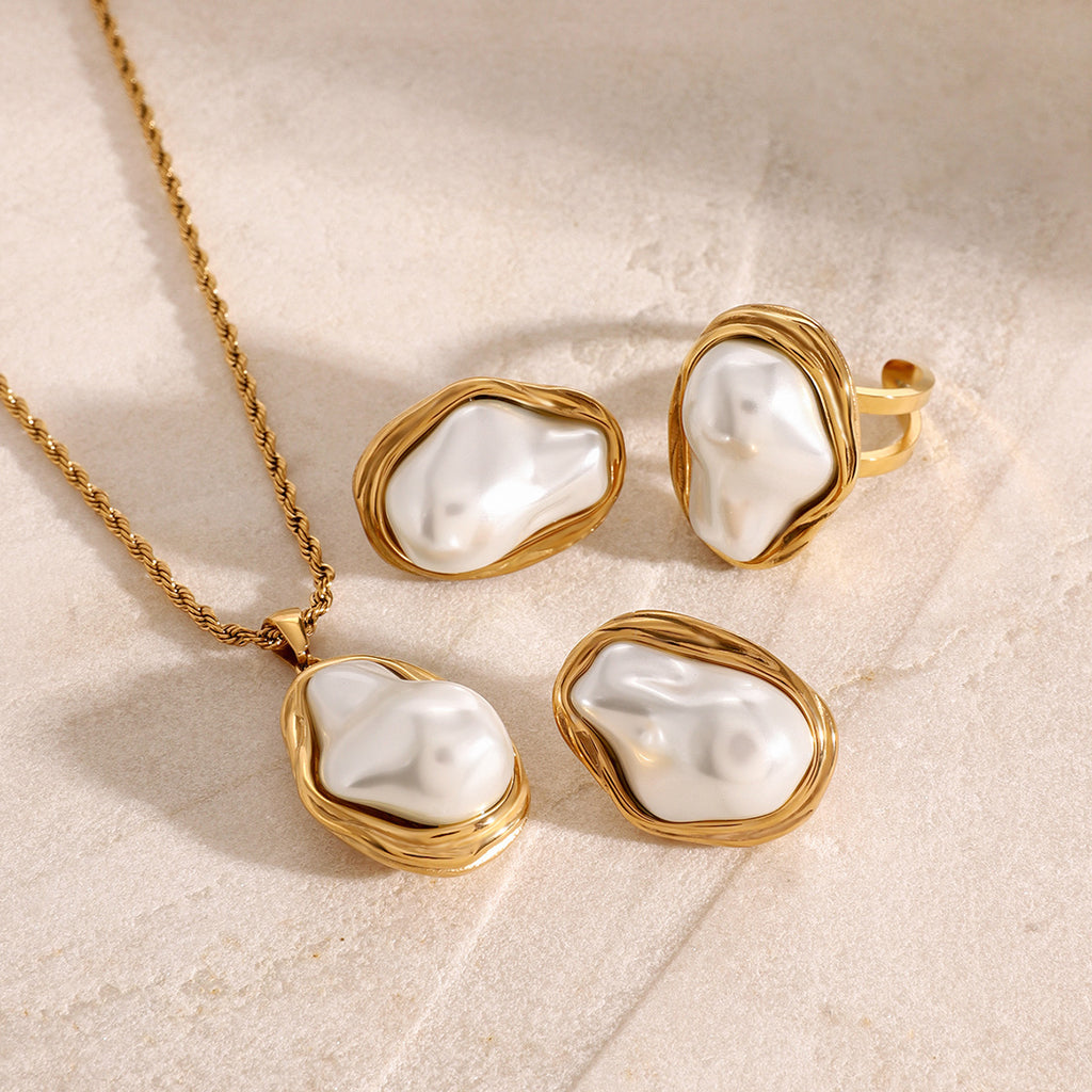 Stainless Steel Pearl Necklace Stud Earrings Exaggerated Ring18K gold Accessories
