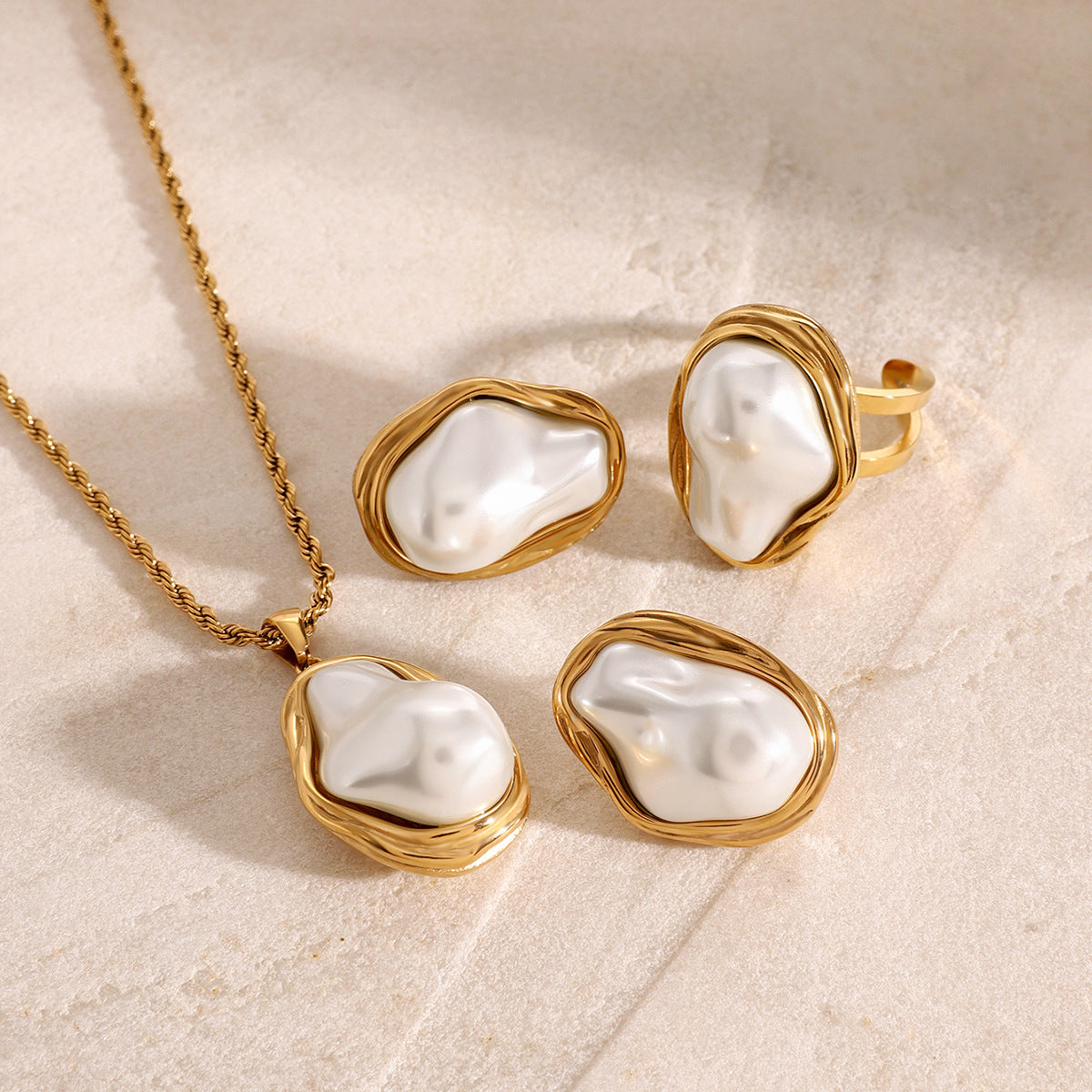 Stainless Steel Pearl Necklace Stud Earrings Exaggerated Ring18K gold Accessories