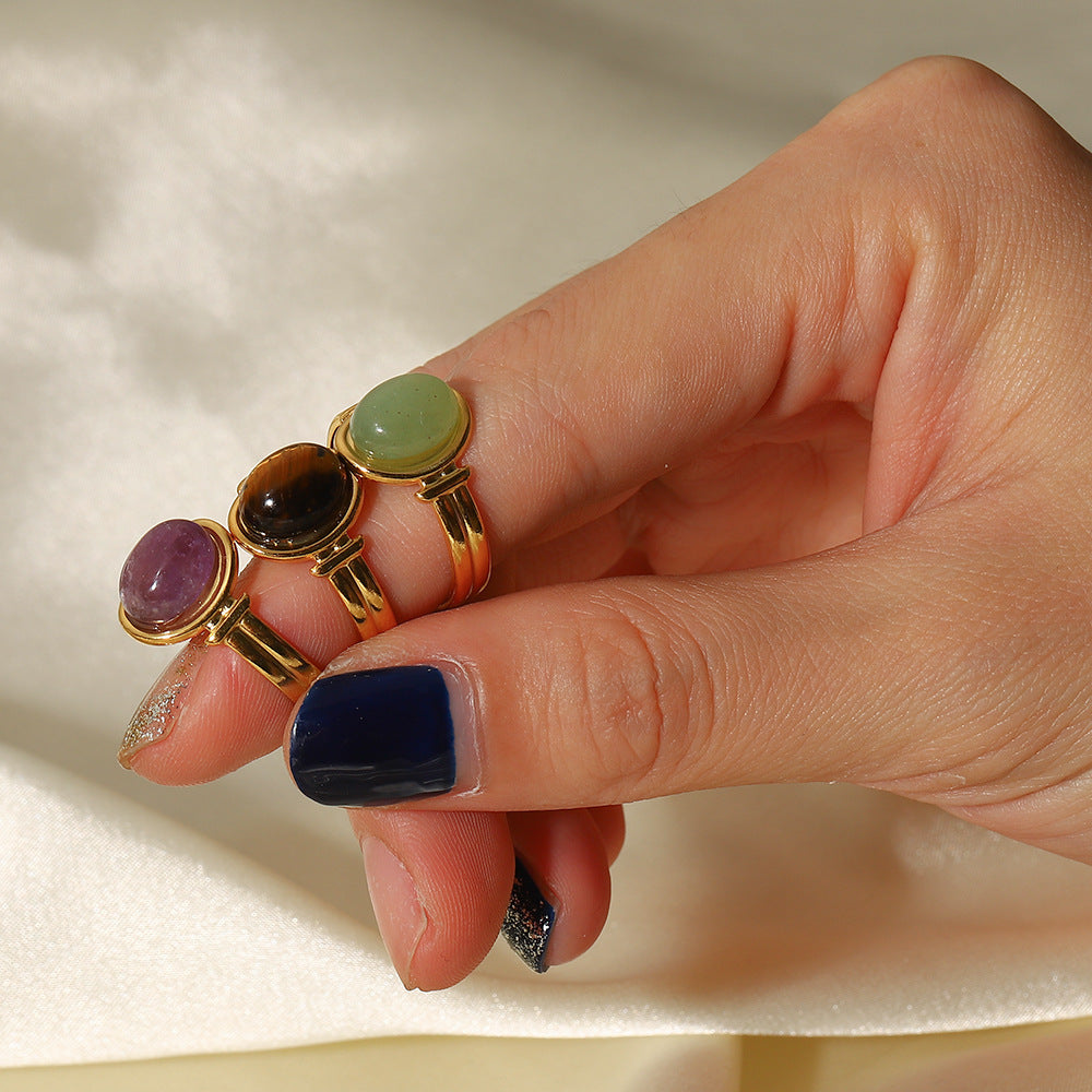 Same style ring18K Golden Oval Tiger Eye/green/Purple Semi-Precious Stone Open Ring for Women